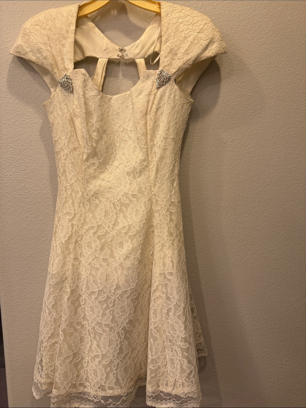 Ivory Lace Fit-and-Flare Dress with Embellished Neck
